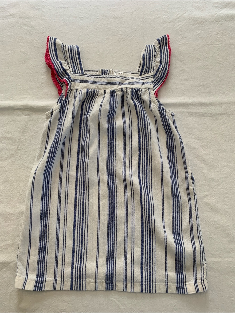 Carter's White and Blue Striped Sleeveless Dress with Pink Trim